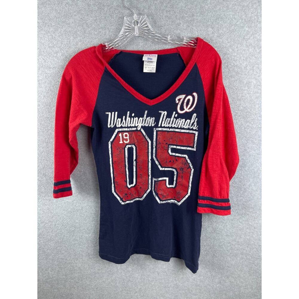 Campus Lifestyle Washington Nationals Shirt Women's S Blue Red V Neck 3/4 Sleeve